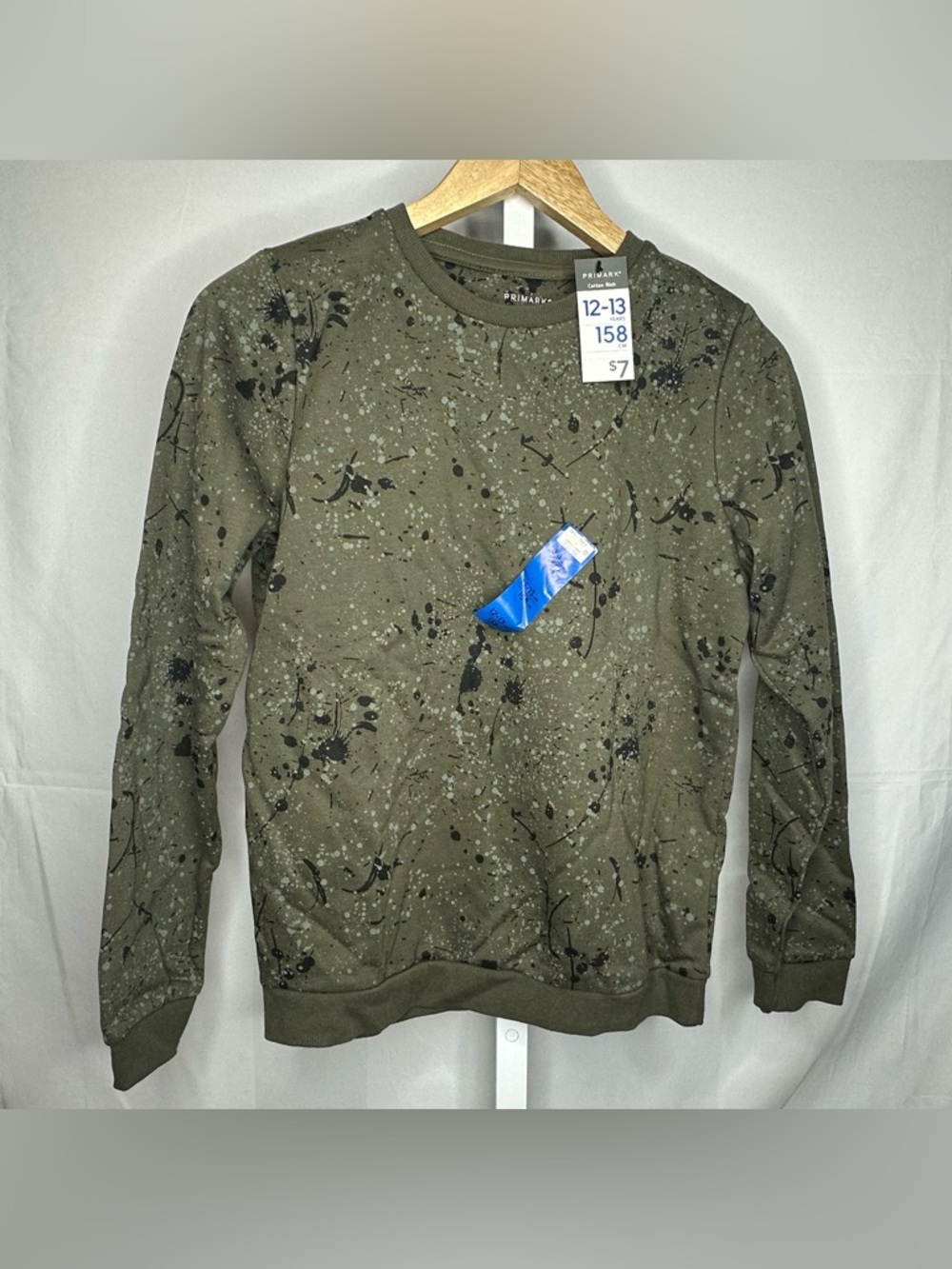 Primark Olive Green Crewneck Sweater with Black Splatter Print
